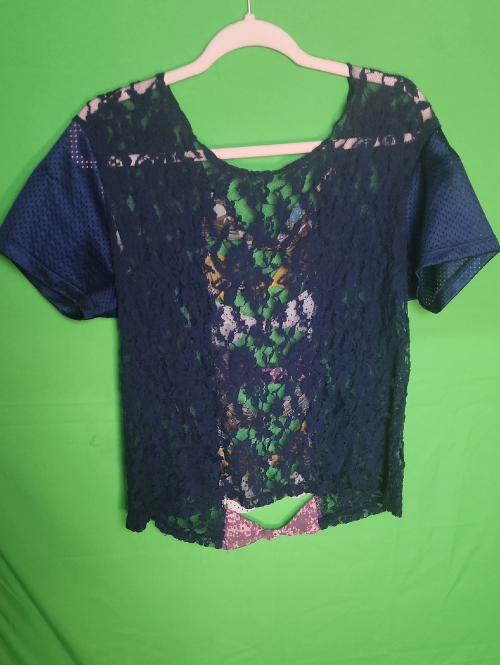 Gimmicks by BKE Navy Blue Floral Lace Top Sheer Boho Large